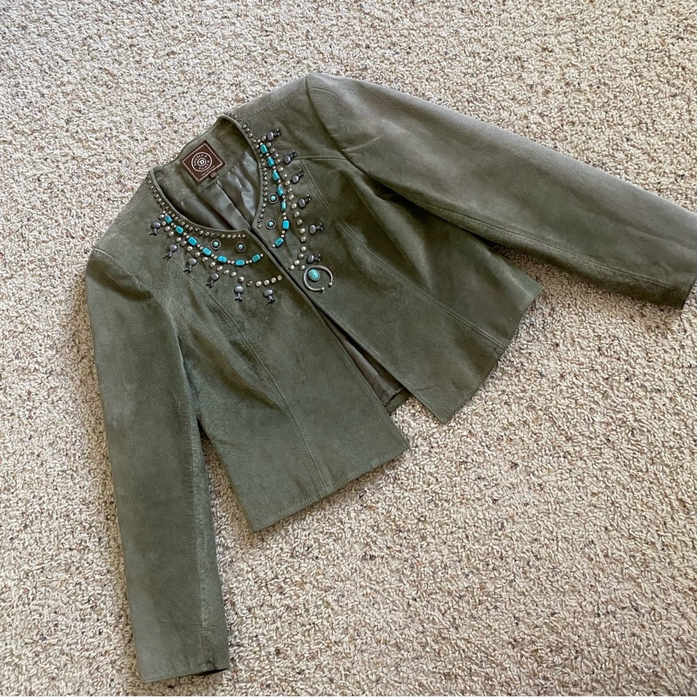 Double D Ranch Turquoise Beaded Suede Leather Jacket Gray Grey Stone Sil…
